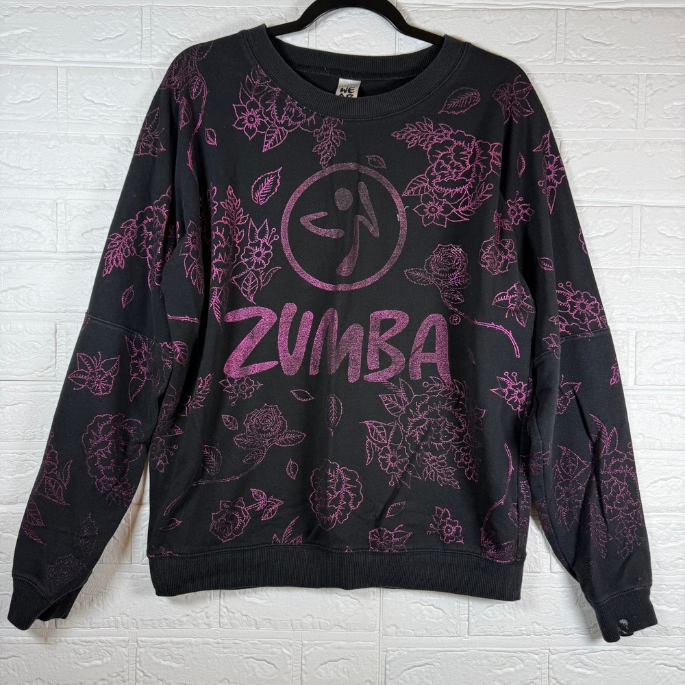Zumba Sweatshirt Womens Medium Black Pink Floral Graphic Pullover Activewear
